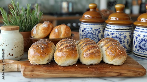  a group of breads sitting on top of a wooden cutting board next to a bowl of sprigs.