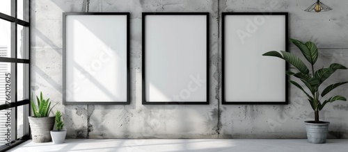 Three rectangular white frames are displayed on a concrete wall in a room, creating a monochrome photography aesthetic. The room features a window, plant, and glass fixture