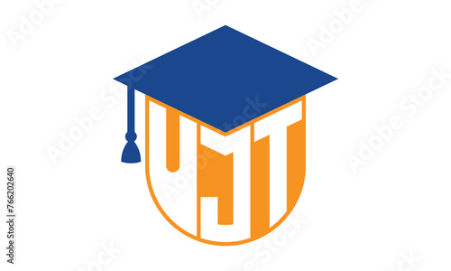 UJT initial letter academic logo design vector template. school college logo, university logo, graduation cap logo, institute logo, educational logo, library logo, teaching logo, book shop, varsity	
 photo