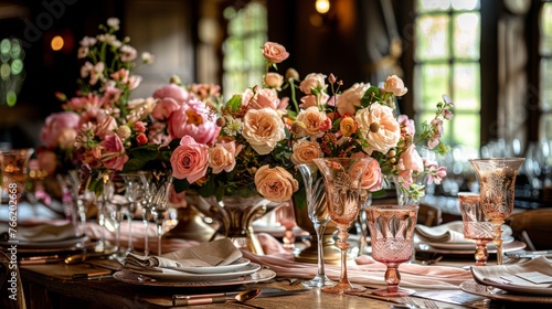  a table set for a formal dinner with pink and white flowers in vases on top of a wooden table.