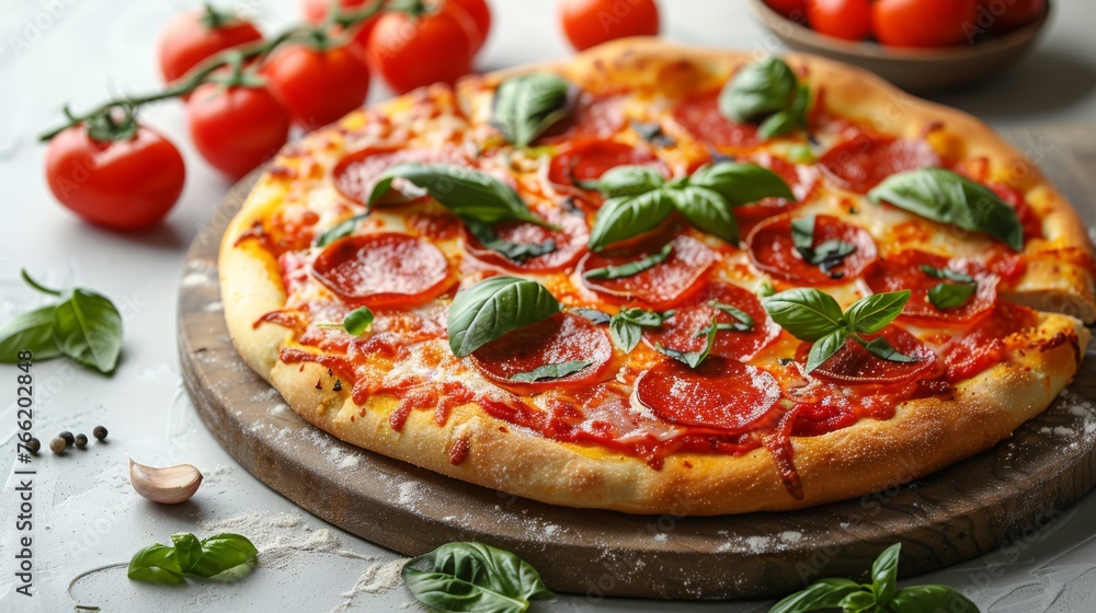  a pizza sitting on top of a wooden cutting board next to a bowl of tomatoes and a bowl of basil.