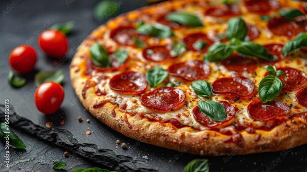  a close up of a pepperoni pizza with basil leaves on a black surface with tomatoes and basil on the side.