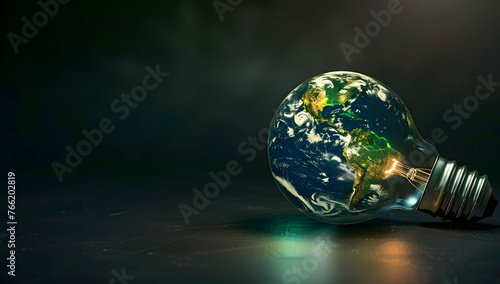 An illustration of a light bulb with the Earth inside, symbolizing sustainable energy and environmental care. This concept represents green energy with a focus on protecting the Earth. Copy space.