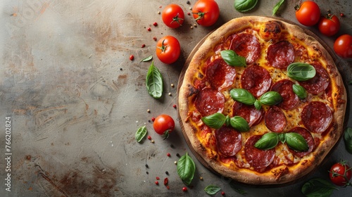  a pizza sitting on top of a pan covered in pepperoni and green leafy toppings next to tomatoes and basil.