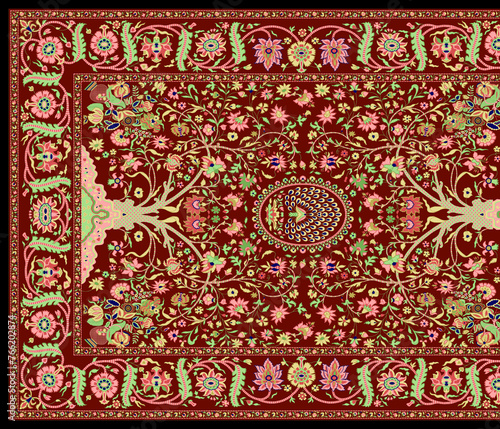Digital textile design motif with geometrical border seamless and ethnic style decoration with botanical flowers and ornaments