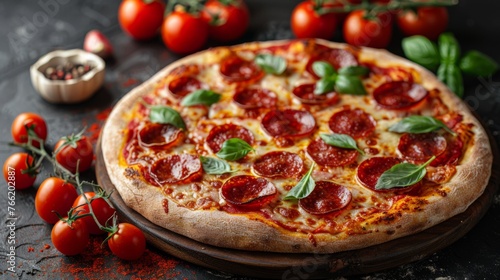  a pepperoni pizza sitting on top of a table next to a bowl of tomatoes and a sprig of basil.