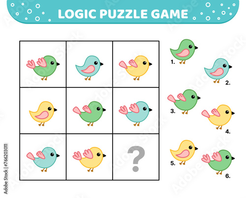 Logic puzzle game. Little birds. For kids. Cartoon