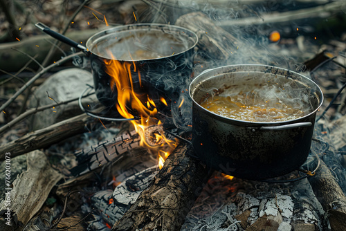 Making a food in pots on the campfire 