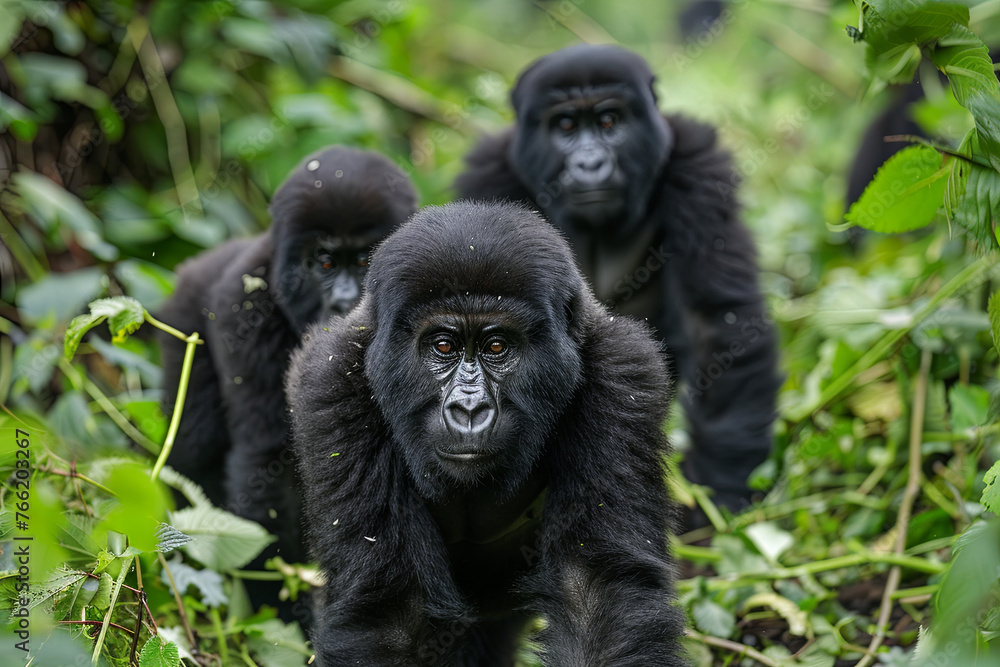 Fototapeta premium Mountain gorillas from group 13 in Volcanoes National Park in Rwanda