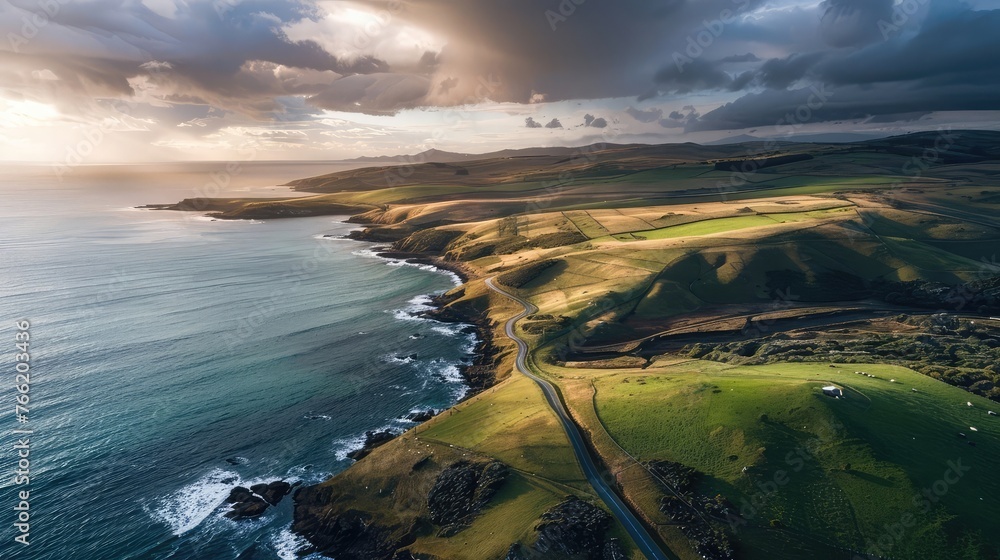Beautiful view of a coastline with a coastal road winding along the green shore.