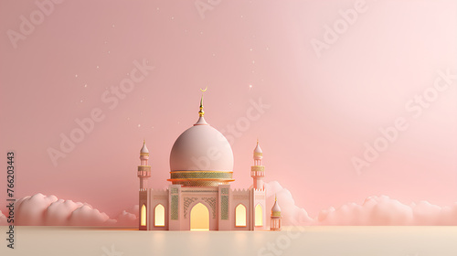 islamic ramadan background, eid al fitri, iftar, eid al adha, beautiful mosque and lantern background. camel in the middle of the desert with mosque   © rafliand