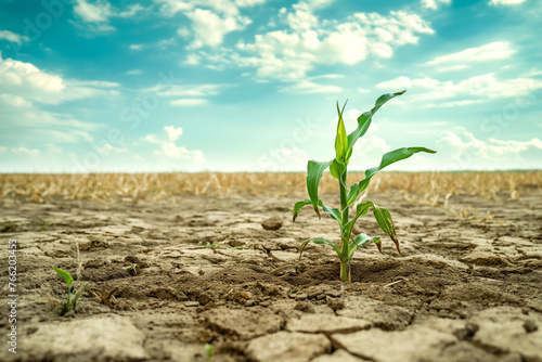 Lone Corn Seedling on Dry Cracked Earth - Agriculture and Climate Concept 
