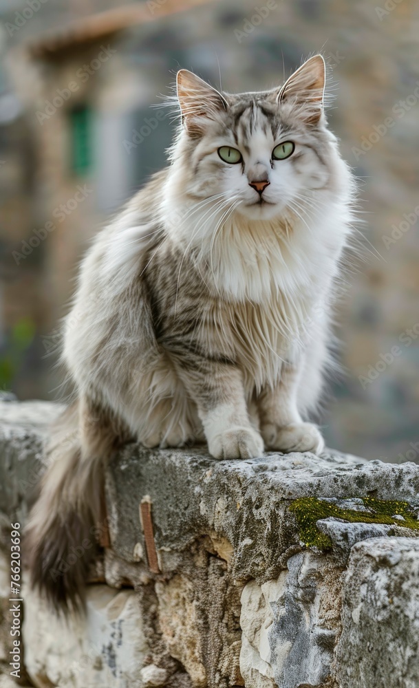 A cute cat sitting on top of an old wall