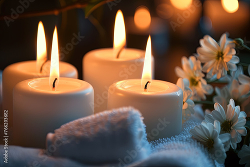 Several burning candles with white towels and flowers 