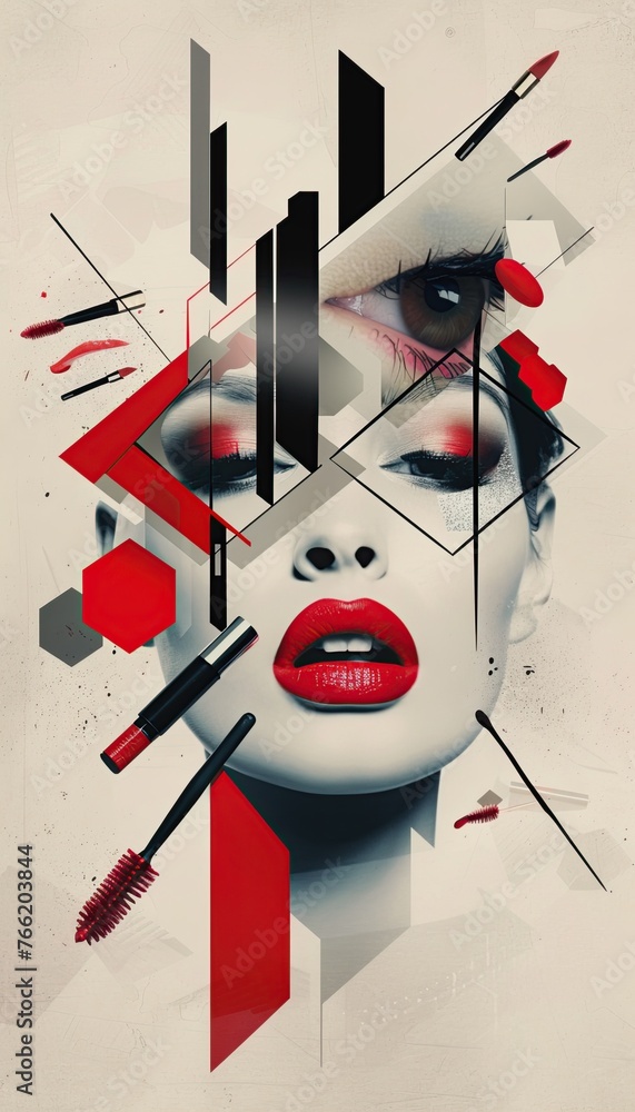 Abstract Portrait of a Woman with Red Lips, Against a Background of ...