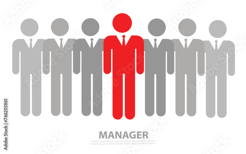 Icons creative illustration of business man with silhouettes of people on white background. The manager is in a suit . Search for a new manager in business team. Design for business.