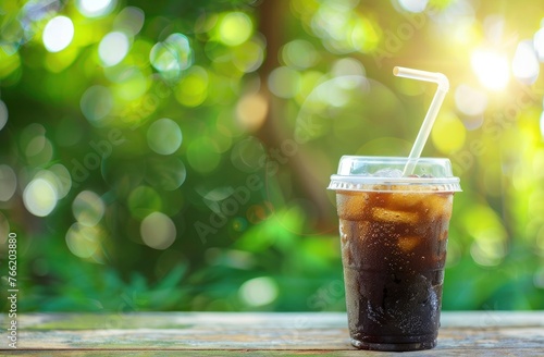 Ice coffee in a plastic cup with a straw on the table against a green background.