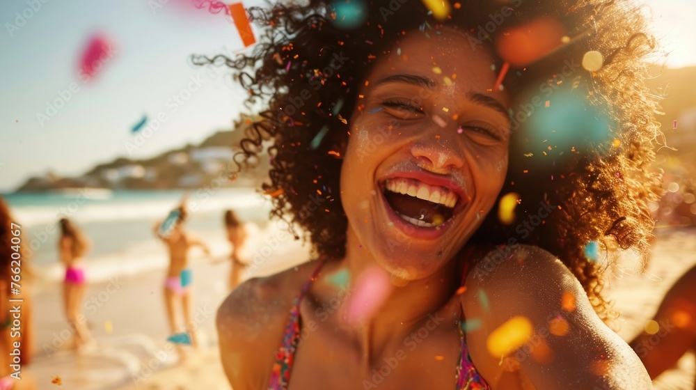 lively young woman exuberantly having fun at a beach party lively young woman exuberantly having fun at a beach party