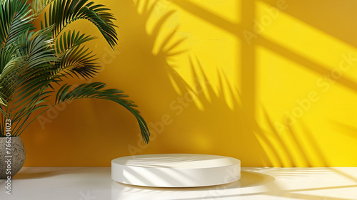 Empty yellow product podium display background with a minimal pedestal show stand  modern platform  abstract light shadow showroom presentation backdrop. Cosmetic template with geometric summer shelf