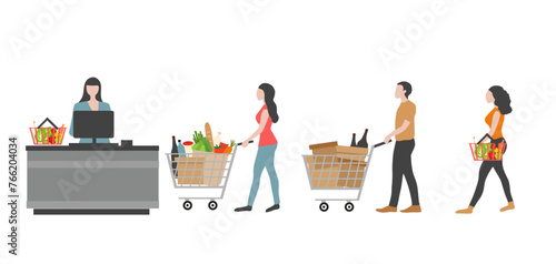 People with shopping cart shop at supermarket vector illustration