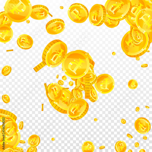 Russian ruble coins falling. Scattered gold RUB
