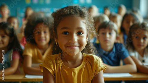 Happy children's group of multiracial sitting in classroom look at camera