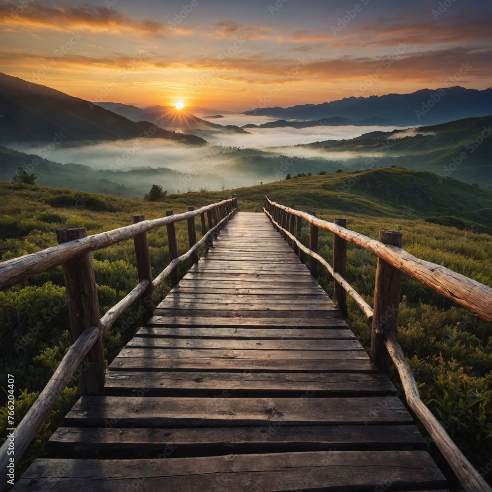 Obraz premium 山に沈む夕陽