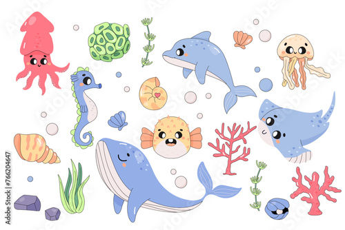 cute sea animals, set, on white background, fugu, whale, dolphin, cuttlefish, jellyfish. Underwater world.