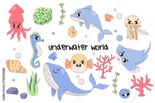 cute sea animals, set, on white background, fugu, whale, dolphin, cuttlefish, jellyfish. Underwater world.