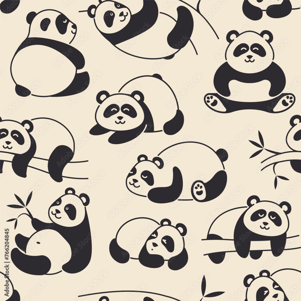 Obraz premium Seamless background with pandas in the jungle
