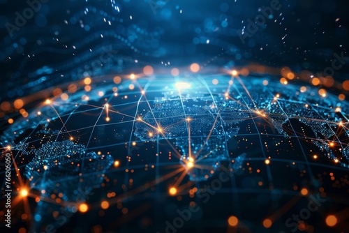 A high-tech model planet with glowing interconnected lines and nodes representing global networking and communication, creating a mesmerizing visual display. © tonstock