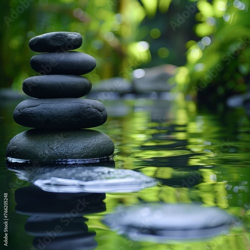 Tranquil garden setting with calming Zen stones and flowing water, promoting relaxation and harmony, perfect for body massage and spa therapy, wellness and rejuvenation focus