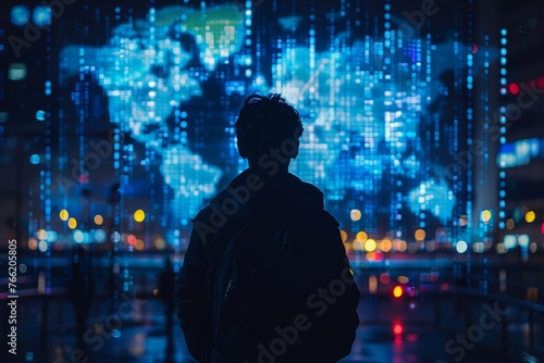 Imagine a vivid depiction of a cybersecurity expert actively responding to a cyber threat  with their shadow blending into the digital landscape of maps and network connections  symbolizing