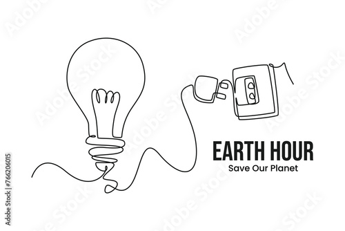 Simple continuous line draw icon Unplug the power bulb. Earth hour concept. Earth globe with on off light switch icon or power button. Abstract space background with stars.
