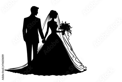 silhouette wedding couple bride and groom outlne vector illustration on white background