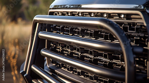 A reinforced grille guard, made from solid steel bars, providing protection to the front of the truck photo