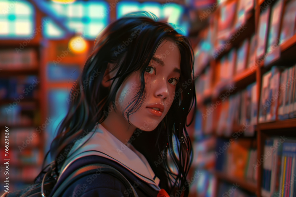 A close-up view of a beautiful girl in a school uniform, her face bathed in warm light as she browses a city bookstore A close-up view of a beautiful girl in a school uniform, her face bathed in warm light as she browses a city bookstore