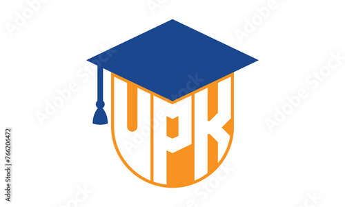 UPK initial letter academic logo design vector template. school college logo, university logo, graduation cap logo, institute logo, educational logo, library logo, teaching logo, book shop, varsity	
 photo