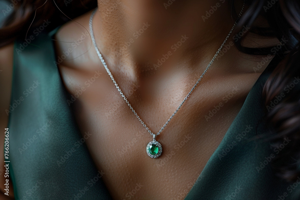 Diamond Necklace with Green Emerald Gemstone Jewelry on black background wearing a cute girl