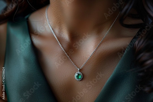 Diamond Necklace with Green Emerald Gemstone Jewelry on black background wearing a cute girl