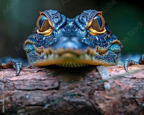 Colorful macro illustration of a small crocodile-like reptile with striking bright eyes perched on a piece of wood. There is space for entering text. It can attract the attention of readers very well.