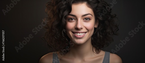 A woman with curly hair is smiling and looking directly at the camera with a joyful expression