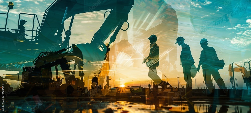 Construction site at sunset. The image features the silhouette of workers and heavy machinery, overlaid against a backdrop of an orange-hued sky, depicting an active work environment.