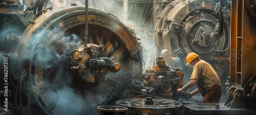 Heavy machinery in operation at an industrial site. This image features workers in safety gear attentively operating large, complex machinery enveloped in steam and metallic textures.