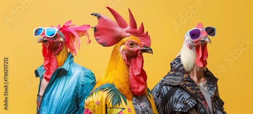 Fashion-forward chickens in sunglasses. This playful and vibrant image depicts three chickens in human clothing and trendy sunglasses © Maxim