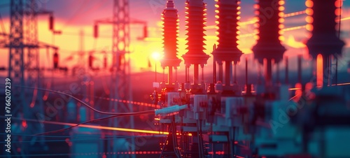 Electrical power substation at sunset. The image displays a detailed close-up of switchgear and transmission towers against a vivid sky, symbolizing energy infrastructure and power distribution. photo