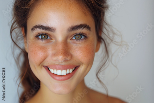 portrait of happy young smiling brunette girl with a white smile with healthy teeth
