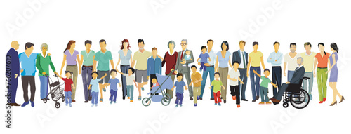 Eine große Gruppe von Eltern mit Kindern, isoliert illustration