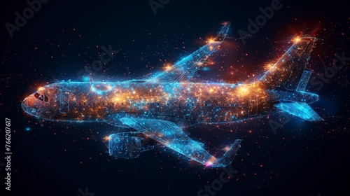 Detailed top view of an airliner in the form of a starry sky, composed of points, lines, and shapes forming planets, stars, and the universe. Modern business illustration.