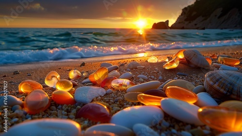 Glass pebble beach sunset. A beautiful beach of and sea shells sea glass made of tumbled glass polished over time by the waves of the ocean into shining pebbles -